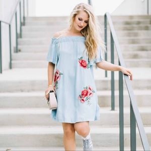 a.n.a. Embroidered Off the Shoulder Chambray Dress